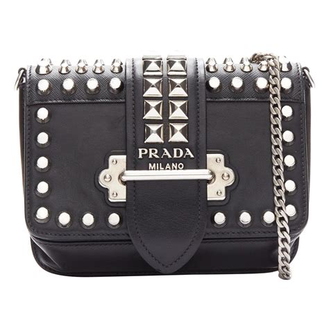 Prada Cahier Studded Black in Calfskin with Silver